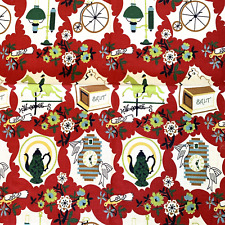 Vtg 40s 50s Red Green Print Barkcloth Horse Teapot Clock Bike Floral 51” x 35” picture
