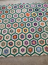 50s Grandmother's Flower Garden Quilt Top, Feedsack 72x72 Hand Stitched picture