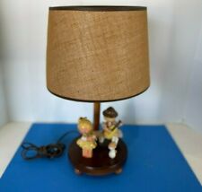 VTG 1972 WOODEN NURSEY CHILDREN'S ROOM LAMP WITH ORIGINAL SHADE SWIIS BOY + GIRL picture