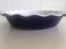 Emile Henry French Ceramic Ruffled 9” Pie Dish Fluted Cobalt Blue W/ White picture