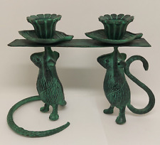 Vintage 2 Mice Holding Leaves w/ Candlestick Holder Cast Metal Nice Patina picture