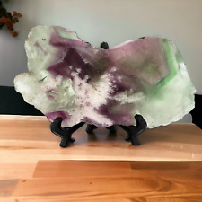 Purple and Green Feather Fluorite Crystal Slab Specimen 156 grams Includes Stand picture