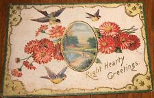 Postcard PM 1914 Embossed Greeting Stars, Asters, Birds & Country Road picture