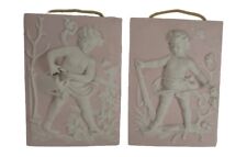 Vintage Arnalt Pink Jasper Porcelain Bisque Plaques 3D Cherub Putti Scene picture
