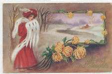 Kind Thoughts postcard 1912 - Woman in Red w/ Furs -Big Orange Mums Winter Scene picture
