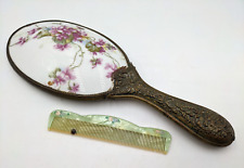 Antique Vanity Hand Mirror Repousse Porcelain Violets Beveled & Celloloid Comb picture