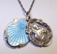 Vtg Antique Sterling Silver Blue Enamel Guilloche Slide Religious Medal on Chain picture