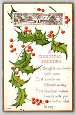 Christmas~Village Etching Couple & Dog~Poem~Holly Berry~Embossed~1918 Postcard picture