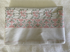 Gorgeous Vintage New Unused Linen Embroidered Tablecloth Pink Green on Cream picture