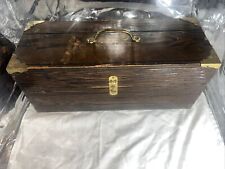 ANTIQUE VTG WOODEN TOOL BOX- BRASS Corners Lock & Handle picture