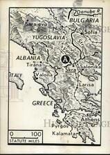 1946 Press Photo Map Showing Greece, Albania, Yugoslavia and Bulgaria picture