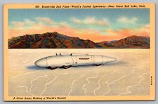 Postcard Bonneville Salt Flats A Giant Racer Near Great Salt Lake Utah Linen picture