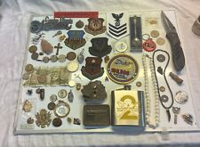 Junk Drawer Lot Vintage Military Pin Knife 1936 Brasil 300 Coin Arrowhead Patch picture