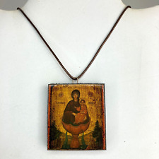 Virgin Mary Christ Icon Wood Pendant Leather Necklace Orthodox Amulet Greece picture