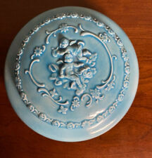 VINTAGE ELEY MOLD TURQUOISE / BLUE CHERUB POWDER DISH / TRINKET WITH LID picture