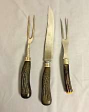 Royal Brand Slicer Knife & Carving Fork Cutlery Faux Antler Handle 3 Set Vintage picture