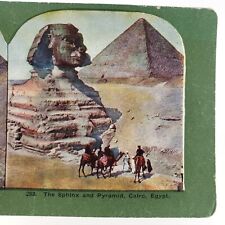 Giza Sphinx Great Pyramid Stereoview c1910 Cairo Egypt Camel Desert Tourist C216 picture