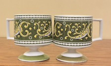 2 VTG 60s Florencia Italian 8 oz Coffee Mugs Green Paisley Pedestal Tea Cup Set picture