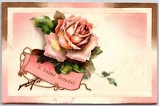 A Happy Birthday Pink Rose Large Print Petals Greetings Wishes Posted Postcard picture
