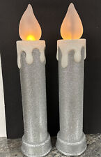 Rare Set Of 2 Mr Christmas 24” Lighted Flickering Flame Silver  Candle Blow Mold picture