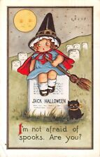 1916 Girl Witch & Black Cat in Cemetery Halloween post card Whitney as is picture