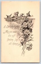 Vintage A Birthday Wish Postcard Flowers Birds Linen Unposted #1995 picture