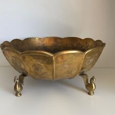 Vintage Footed Brass Scalloped Bowl Peacocks Heavy India 8.75