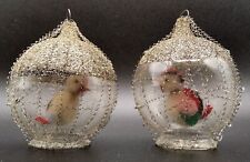 2 Vintage Crinkle Wire Wrapped & Mica Frosted Bird Diorama Christmas Ornaments picture