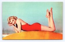 Postcard Pretty Woman Bathing Beauty Surfboard Pinup Girl 1940s Swim Suit #2 picture