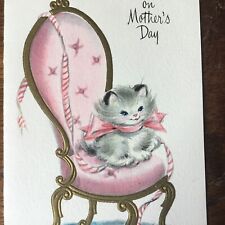 VTG Greeting Card MSM Kitten Sitting On Victorian Chair Pink Ribbon  picture