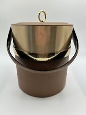 Vintage Faux Leather Vinyl Gold Ice Bucket Brown Retro picture