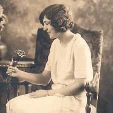 Photo Pretty Lady w Dimple Gazing at Rose Finger Waves in Hair c1920s-30s picture