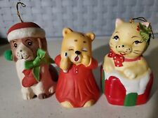 3 Lot Rare Vintage Giftco R.O.C Porceline Bells Ornaments Dog Cat Bear Christmas picture