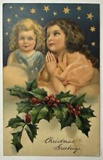Children Praying Stars Beautiful Early 1900s Christmas Postcard picture