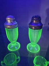 Vintage Hazel Atlas Uranium Green Glass Salt Pepper Shakers picture
