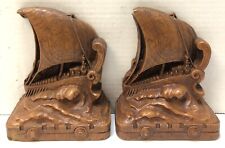 Vintage Wooden Resin Mold Detailed Viking Sailing Ship Bookends picture