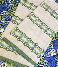 Vintage 70s Retro Panel Curtains 50”Wx35”L Embroidered Blue Green Fringe Groovy picture