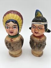 Vintage Wood And Ceramic Native Hand Painted Salt And Pepper Shakers picture