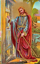 Easter Greetings Jesus at Door Gold Gilt Embossed Vintage Postcard picture
