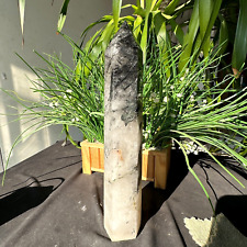 3.08LB TOP Natural black tourmaline Quartz obelisk Crystal wand point Healing picture