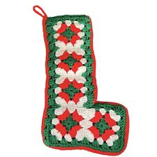Vintage Hand Crocheted Red White Green Granny Square Christmas Stocking 14