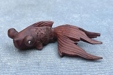 VINTAGE ASIAN HAND CARVED WOOD KOI FISH WITH GLASS EYES SMALL GOLDFISH CARVING picture