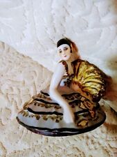 Fabulous Art Deco Flapper Half Doll Porcelain Powder Box Lid w Fan Feathers LOOK picture