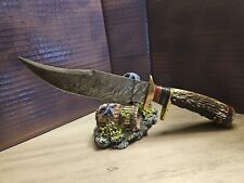 BEAUTIFUL DAMASCUS STEEL - STAG HORN HANDLE W/BRASS FITINGS - 12