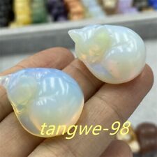 2pcs Carved Opalite Small Sleep Cat Skull Quartz Crystal Reiki Healing. picture