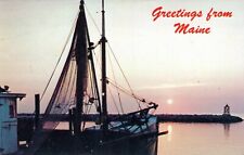 Greetings from Maine Sunset Boat at Bay Unposted Postcard picture