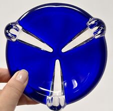 Vintage Cobalt Blue Cut to Clear Crystal Collectible 3 Slotted 5” X 1.5” Ashtray picture