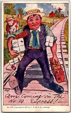 Man Walking Railroad Tracks, Coming on the No. 10 Express c1914 Postcard D43 picture