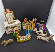 Mexican Folk Art Nativity Punched Tin 10 Piece Set 5-7” Vintage with Tin Box picture