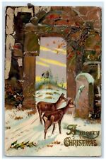 1910 Christmas Deer In Winter Embossed Gel Gold Gilt Chicago IL Antique Postcard picture